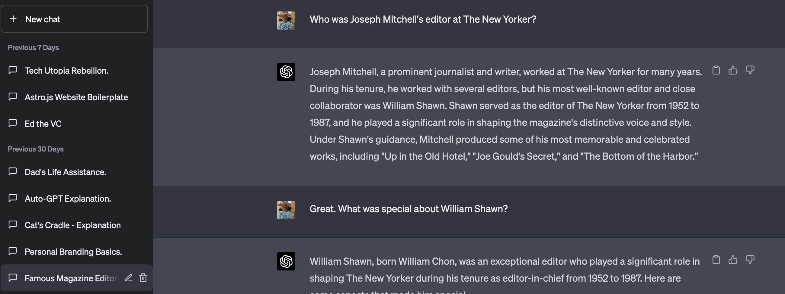 My ChatGPT window right now. Here, I channel Joseph Mitchell's editor from The New Yorker to help me edit my article posts.